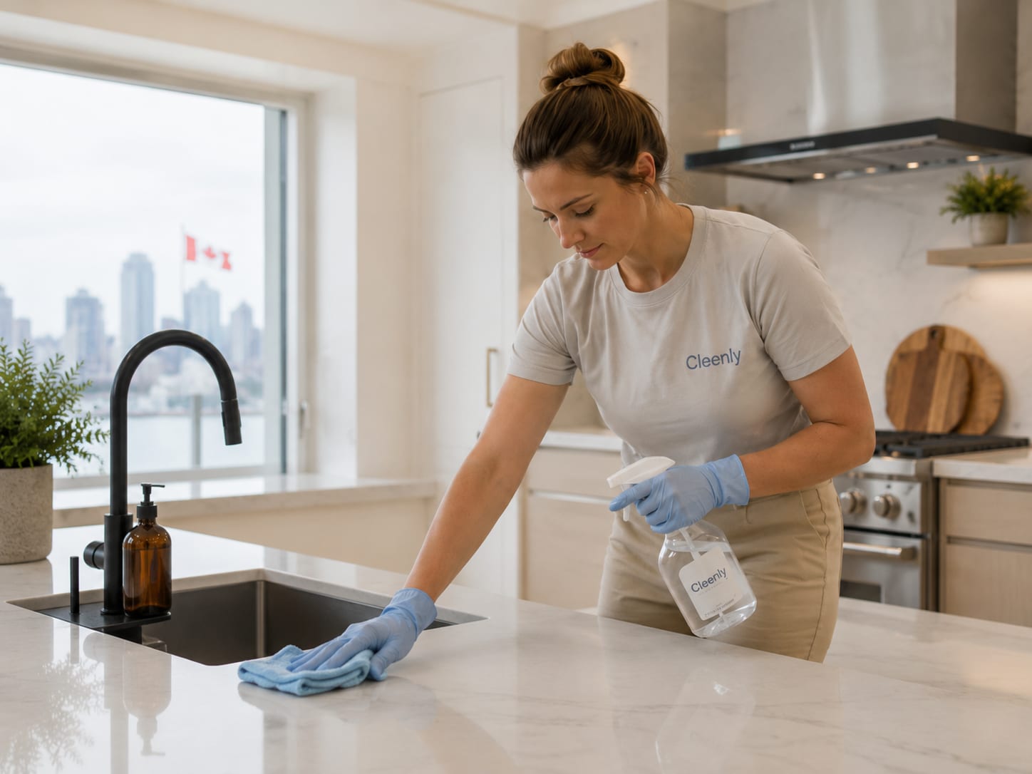A Sparkle Clean Co. cleaner wiping down a bright kitchen counter